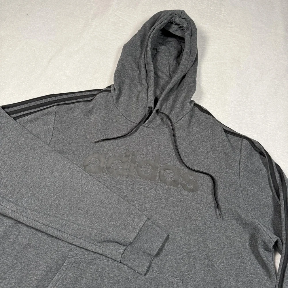 Adidas Hoodie Mens 2XL Gray Pullover Fleece 3 Stripes Logo Sweatshirt Athletic